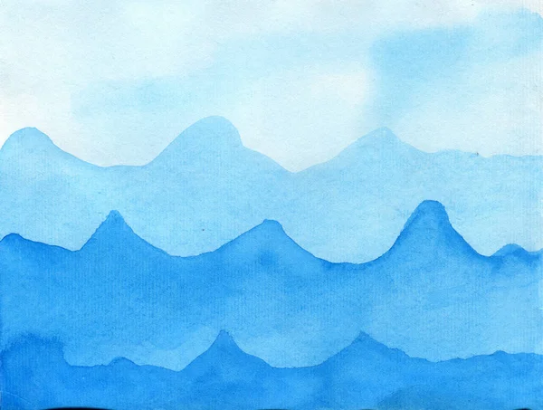 Mavi suluboya arkaplan. Boyalı dağlar. El çizimi..