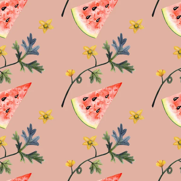 Karpuz dilimlerinin kusursuz deseni ve pembe arka planda yapraklar.
