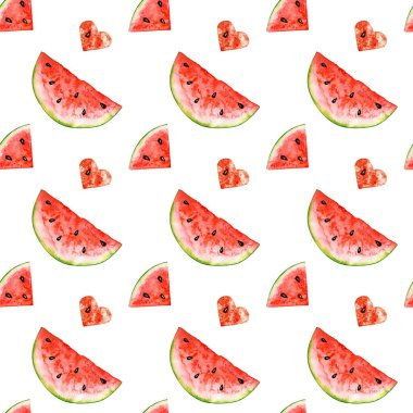 Beyaz arka planda suluboya dilimlerinin kusursuz deseni. Kırmızı suluboya karpuz.