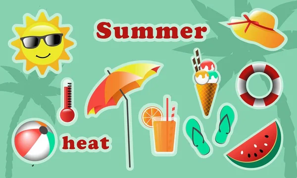 Yaz vektör çıkartmaları. Yaz sıcağı. Güneş, sahil, dondurma. Çocuk çıkartmaları. Bir dizi yaz çizimleri.