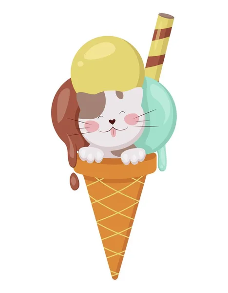 ベクトルイラスト かわいい猫とアイスクリーム 夏のおやつ アイスクリームの猫 — ストックベクタ