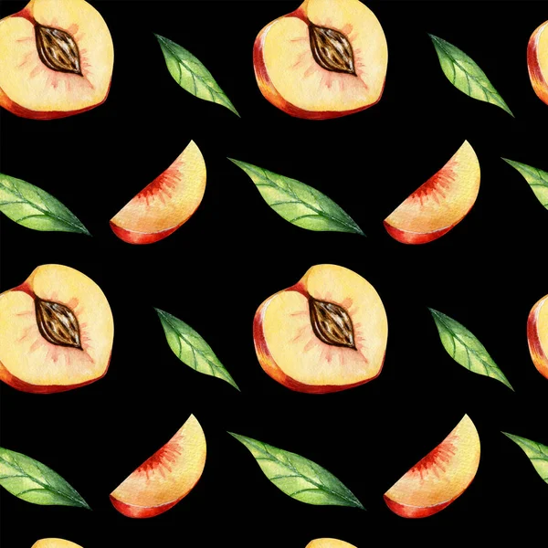 Seamless pattern with watercolor halves of peaches and leaves on black background