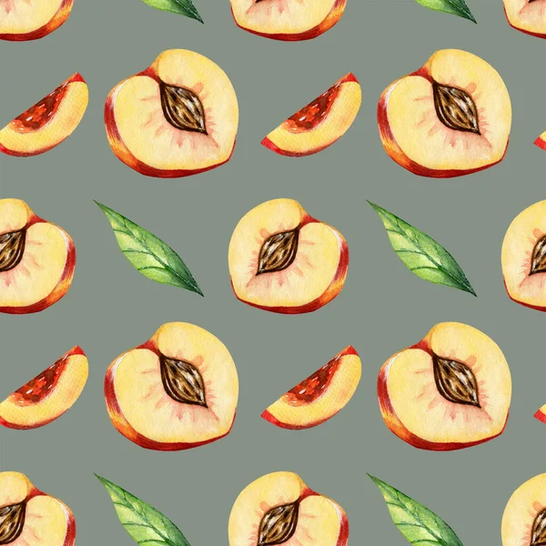 Seamless pattern with watercolor halves of peaches and leaves on grey background