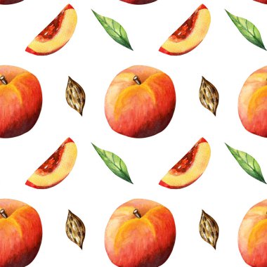 Beyaz arka planda şeftali ve yapraklardan oluşan sulu boya desenleri var..