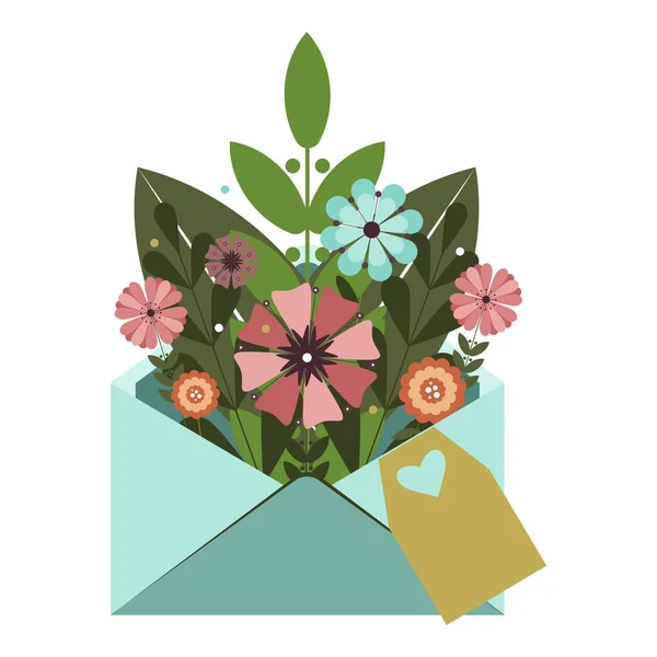 Çiçekli, vektör mavisi bir zarf. Düz yay kompozitoları. Çiçek hediyesi. Anneler Günü.