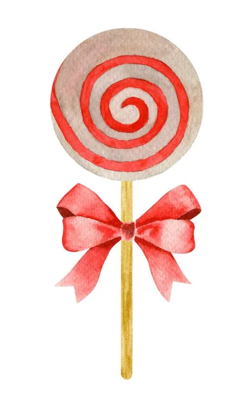 白色背景上糖果的水彩画 新年的明亮条纹棒棒糖与红色弓 — 图库照片