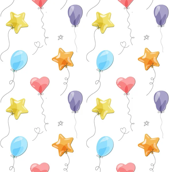 Nahtloses Muster Unterschiedlicher Vektorballons Bunte Luftballons Herzen Sterne Geburtstagsfeier Urlaubskarte — Stockvektor