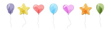 Farklı vektör balonları. Renkli balonlar, kalpler, yıldızlar. Doğum günü partisi, tatil kartı