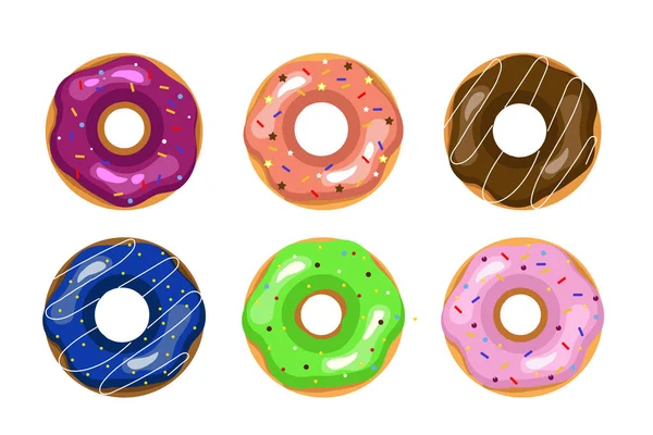 Ensemble Beignets Lumineux Multicolores Juteux Délicieux Beignets Donuts Vecteurs — Image vectorielle