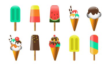 Beyaz arkaplanda vektör dondurma seti. Farklı renkte dondurmalar. Vector sundae