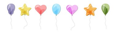 Farklı vektör balonları. Renkli balonlar, kalpler, yıldızlar. Doğum günü partisi, tatil kartı