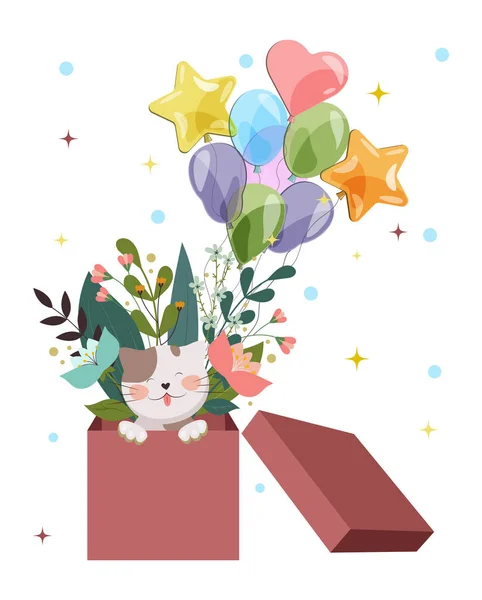 Kutusunda çiçekler ve balonlar olan vektör kedi. Bahar kompozisyonları. Tatil illüstrasyonu. Şirin kedi yavrusu. Tatil kompozisyonları.