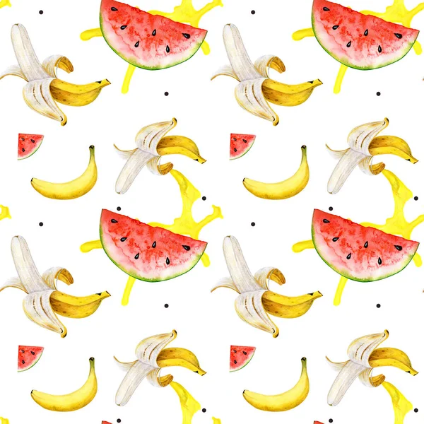 Watercolor fruit seamless pattern. Bananas and watermelon on white background. Colorfull summer pattern.