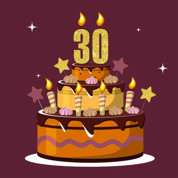 Тридцатилетняя Годовщина Векторный Торт Торт Свечой Большой Шоколадный Торт Тридцатилетний — стоковый вектор