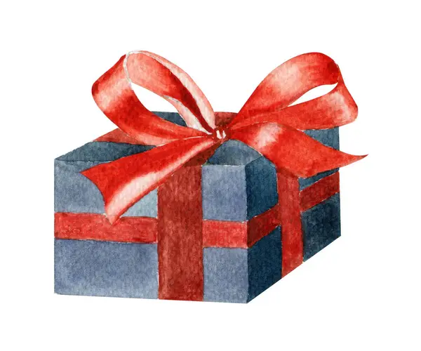 赤いサテンリボンが付いている水彩色の誕生日の青いギフト用の箱 クリスマスプレゼント サプライズ — ストック写真