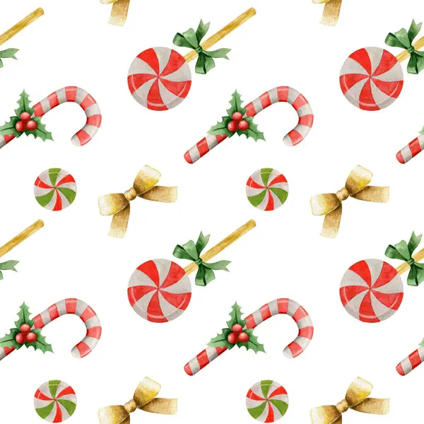 Watercolor seamless pattern of christmas candy canes. Lollipops in the form of sticks and round with decor. Red bow,candies and others christmas decor on white background.