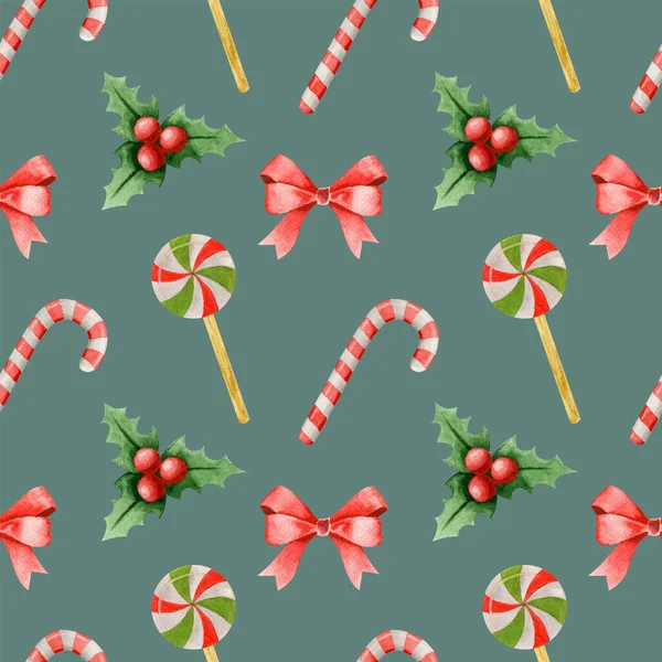 Watercolor seamless pattern of christmas candy canes. Lollipops in the form of sticks and round with decor. Red bow,candies and others christmas decor on blue background.