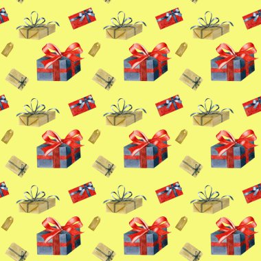 Noel 'in kusursuz suluboya desenleri farklı hediye kutuları, sarı arka planda kusursuz desenler. Noel suluboya hediyeleri.