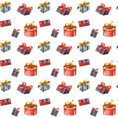 Noel 'in kusursuz suluboya desenleri farklı hediye kutuları, beyaz arka planda kusursuz desenler. Noel suluboya hediyeleri.