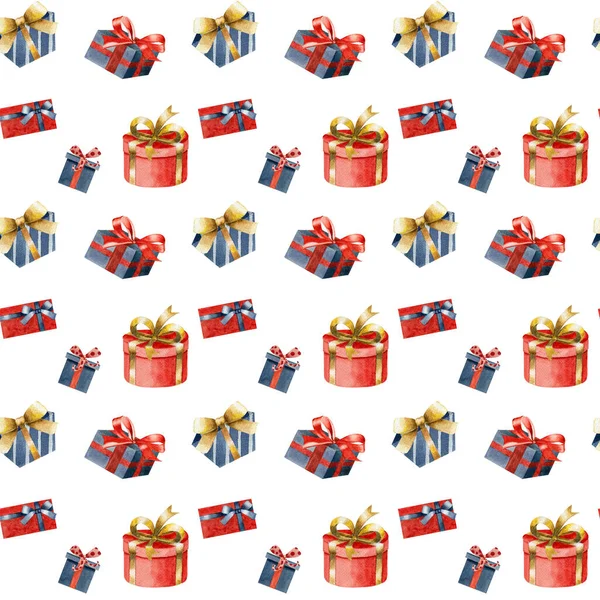 Noel 'in kusursuz suluboya desenleri farklı hediye kutuları, beyaz arka planda kusursuz desenler. Noel suluboya hediyeleri.