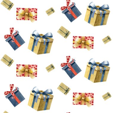 Noel 'in kusursuz suluboya desenleri farklı hediye kutuları, beyaz arka planda kusursuz desenler. Noel suluboya hediyeleri.
