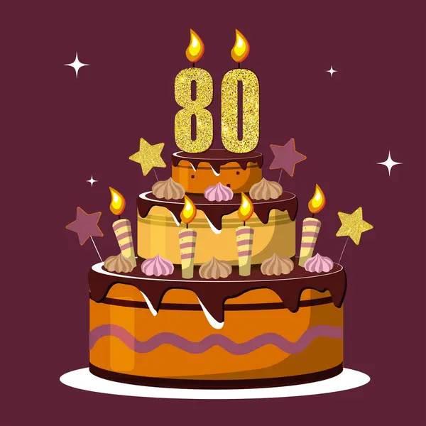Seksen yıl dönümü. Vektör doğum günü pastası. Mumlu tatil pastası. Büyük çikolatalı pasta. Seksen yaşında. Seksen parti..
