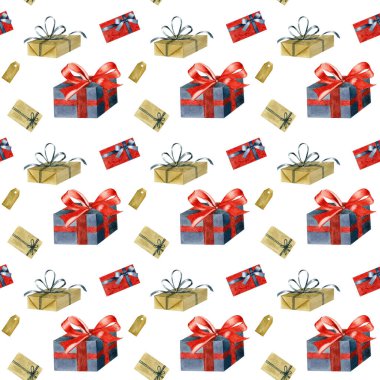 Noel 'in kusursuz suluboya desenleri farklı hediye kutuları, beyaz arka planda kusursuz desenler. Noel suluboya hediyeleri.