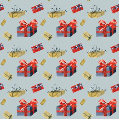 Noel 'in kusursuz suluboya desenleri farklı hediye kutuları, açık mavi arka planda kusursuz desenler. Noel suluboya hediyeleri.
