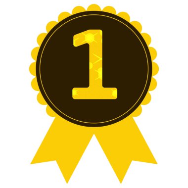 Vektör sarı amblem birinci, rozet birinci sarı kurdeleli, madalya. Yuvarlak ikon birinci, kazanan. Rozet