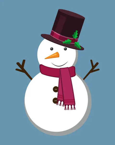 Mavi sırtında eşarp ve şapka olan vektör kardan adam. Düz dizayn. Vektör çizimi. Neşeli kardan adam çizgi filmi.