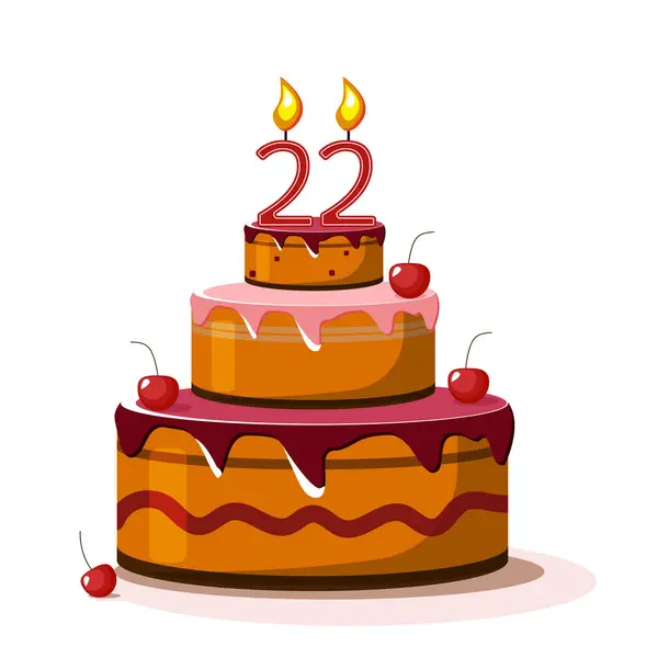 22. yıl dönümü. Vektör doğum günü pastası. Mumlu tatil pastası. Büyük çikolatalı pasta. Yirmi iki yaşında. Yirmi iki parti. Büyük lezzetli pasta.. 