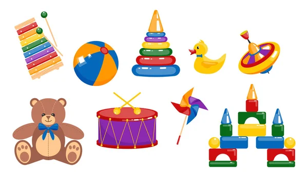 Vektör oyuncaklar. Farklı renkli oyun seti. Çocuksu oyuncaklar..