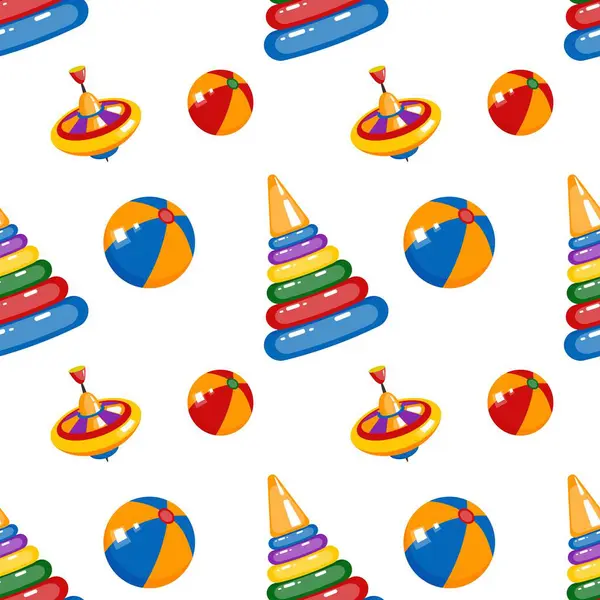 Oyuncak topun, girdabın ve piramidin kusursuz deseni. Beyaz arka planda parlak çocuk çizgi filmi baskısı..