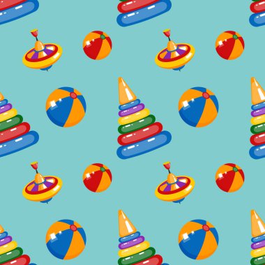 Oyuncak topun, girdabın ve piramidin kusursuz deseni. Açık mavi arkaplanda çocuk çizgi filmi baskısı.