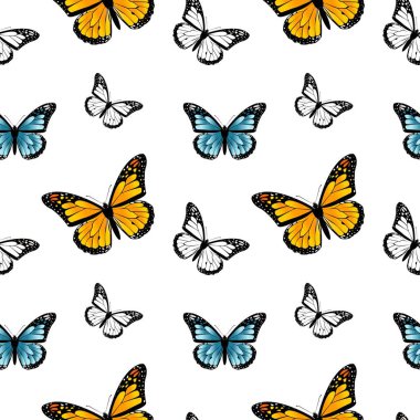 Kelebeklerin kusursuz deseni. Kelebek kral kelebeği. Beyaz arka planda kelebekler. Mavi kelebek. Vektör grafiksiz desen.