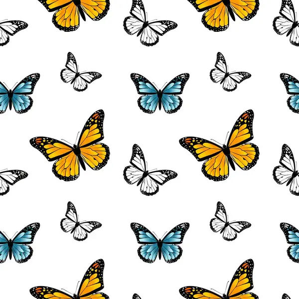 Kelebeklerin kusursuz deseni. Kelebek kral kelebeği. Beyaz arka planda kelebekler. Mavi kelebek. Vektör grafiksiz desen.