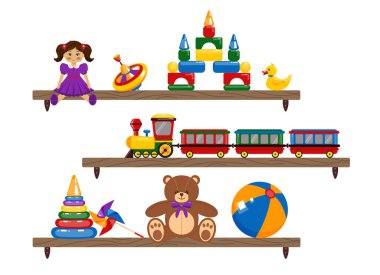 Vektör çocuk kitaplığı. Oyuncaklarla dolu raflar. Çocuk odası elementi, top, oyuncak bebek, oyuncak ayı, korsan, küçük tren.
