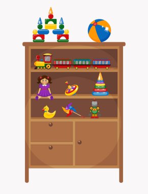 Kahverengi vektör kitaplığı. Mobilya parçası. İç mekan parçası. Oyuncak dolu klasik dolap, beyaz arkaplan üzerine kitaplar.. 