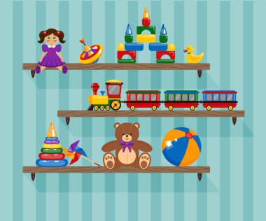 Vektör çocuk kitaplığı. Oyuncaklarla dolu raflar. Çocuk odası elementi, top, oyuncak bebek, oyuncak ayı, korsan, küçük tren.