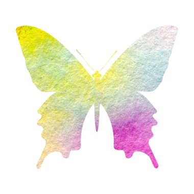 Beyaz arka planda bahar suluboya kelebek silueti. Dekorasyon için güzel kelebek ana hatları.