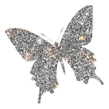 Beyaz arka planda gümüş kelebek var. Gümüş renkli parlak kelebek.