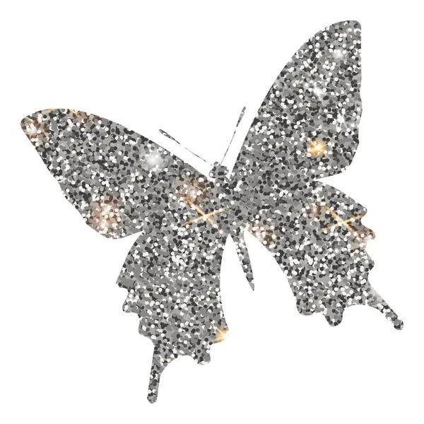 Beyaz arka planda gümüş kelebek var. Gümüş renkli parlak kelebek.