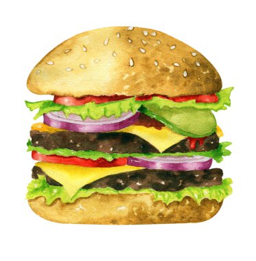 Beyaz arka planda izole edilmiş suluboya çizim hamburgeri. Taze lezzetli hamburger, Fast food çizimi..