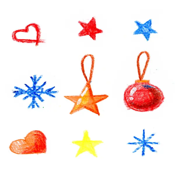 El çizimi kalem çizimleri. Çocuk çizimi. Kalpler, yıldızlar, kar taneleri. Yeni yıl seti