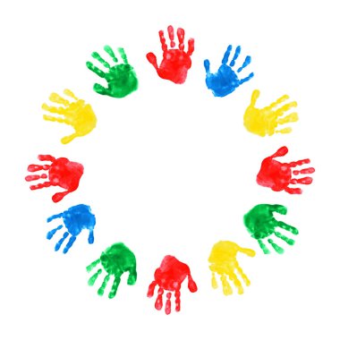 Çocuk el izi çemberi. Beyaz arka plandaki çocuk avuçlarının vektör çizimi. Uluslararası Çocuk Günü