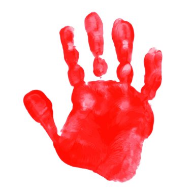 Boyayla çizilmiş bir çocuğun avucunun kırmızı izi. Beyaz arkaplanda kırmızı el izi vektörü simgesi izole edildi.