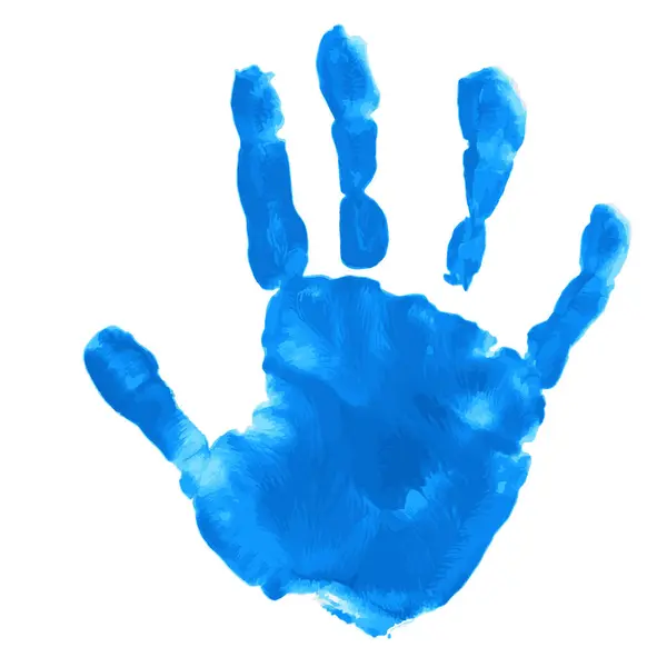 Boyayla çizilmiş bir çocuğun avucunun mavi izi. Beyaz arkaplanda mavi el izi vektörü simgesi izole edildi.