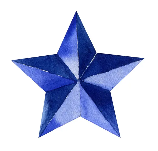 Beyaz arkaplanda mavi suluboya yıldız izole edilmiş. Bayram sembolü, geleneksel dekoratif unsur. Suluboya el çizimi çizimi.