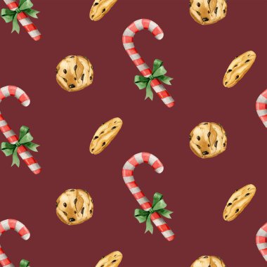 Suluboya tatlı, pürüzsüz desen. Çikolata parçalı kurabiye ve lolipop. Şenlikli, kusursuz desen. El çizimi çizimi. Ulusal Çikolatalı Kurabiye Günü.