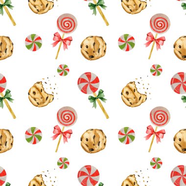 Suluboya tatlı, pürüzsüz desen. Çikolata parçalı kurabiye ve lolipop. Beyaz arka planda şenlikli, pürüzsüz desen. El çizimi çizimi. Ulusal Çikolatalı Kurabiye Günü.